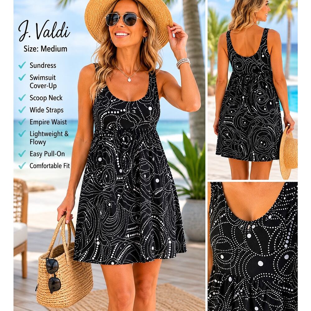 J Valdi Medium Black White Swim Cover Up Sundress Beach Pool Sleeveless